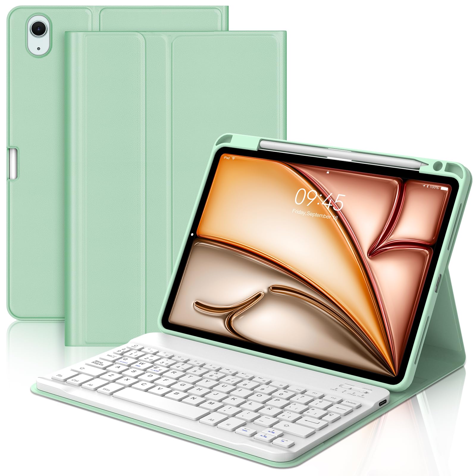 Funda con Teclado para iPad Air 11 Pulgadas(M3 2025, M2 2024), Teclado Bluetooth Inalámbrico con Funda Protectora Delgada y Ranura para Bolígrafo para iPad Air 10.9 Pulgadas(5ª/4ª Gen), Verde Claro
