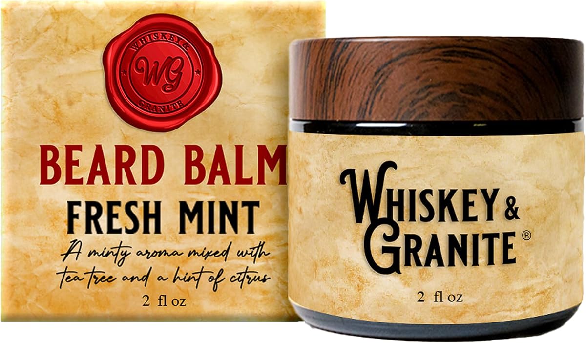 Whiskey & Granite Beard Balm – Made in USA – 100% Natural, Scented Beard Styling Balm for Men, 2 oz (Fresh Mint)