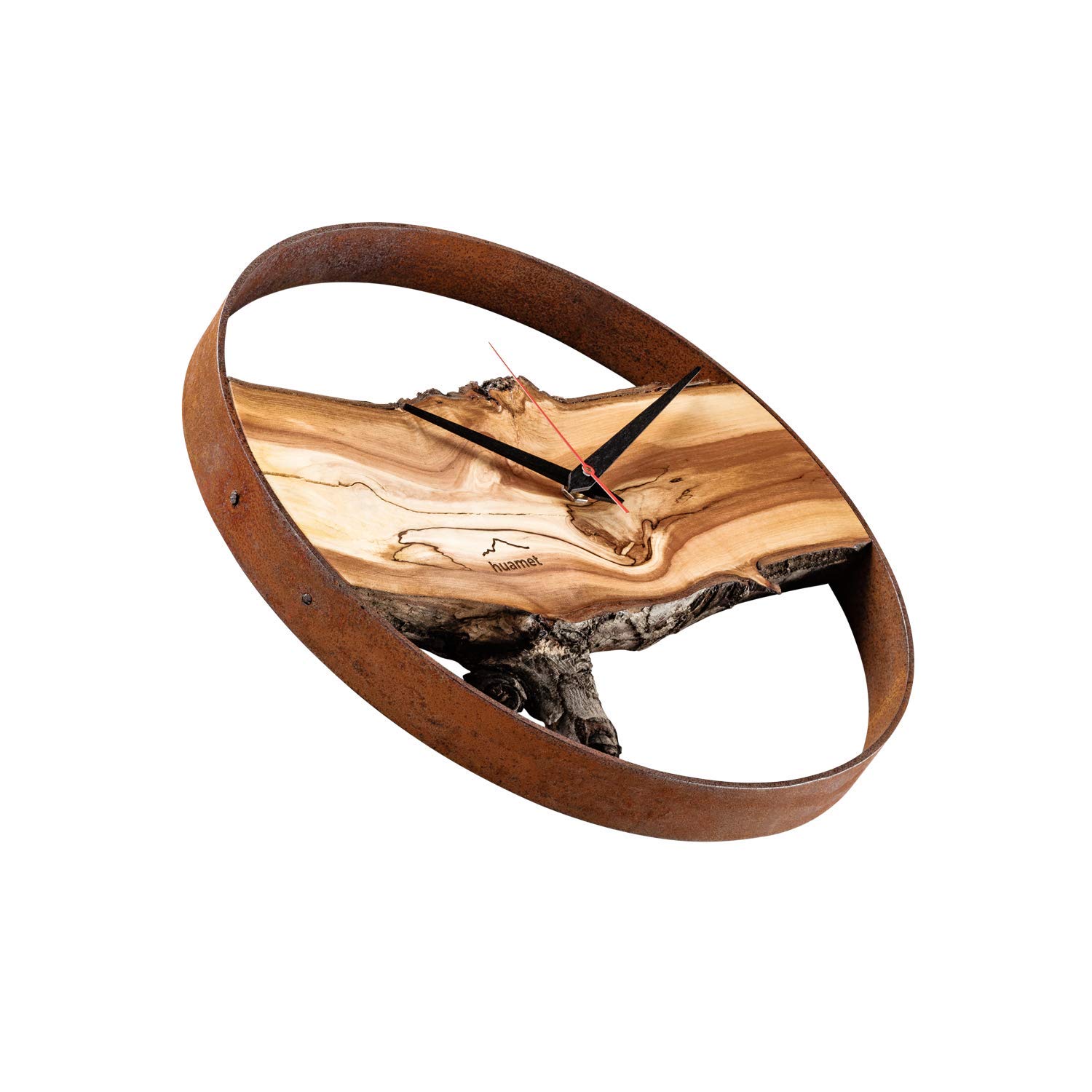 Orologio da Parete in Legno di melo con Anello Metallico arrugginito, WUHRZEL - Pezzo Unico, Silenzioso e Senza ticchettio - Prodotto di Alta qualità Made in Alto Adige - CH70-A-04