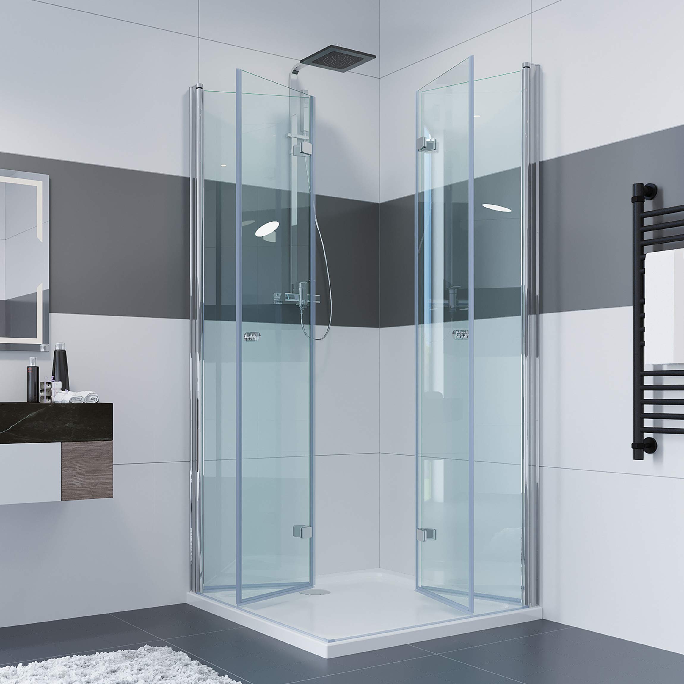 IMPTS 70 x 90 x 185 cm Duschkabine Eckeinstieg Doppel Falttüren 180º Eckig Dusche Duschwand Duschabtrennung