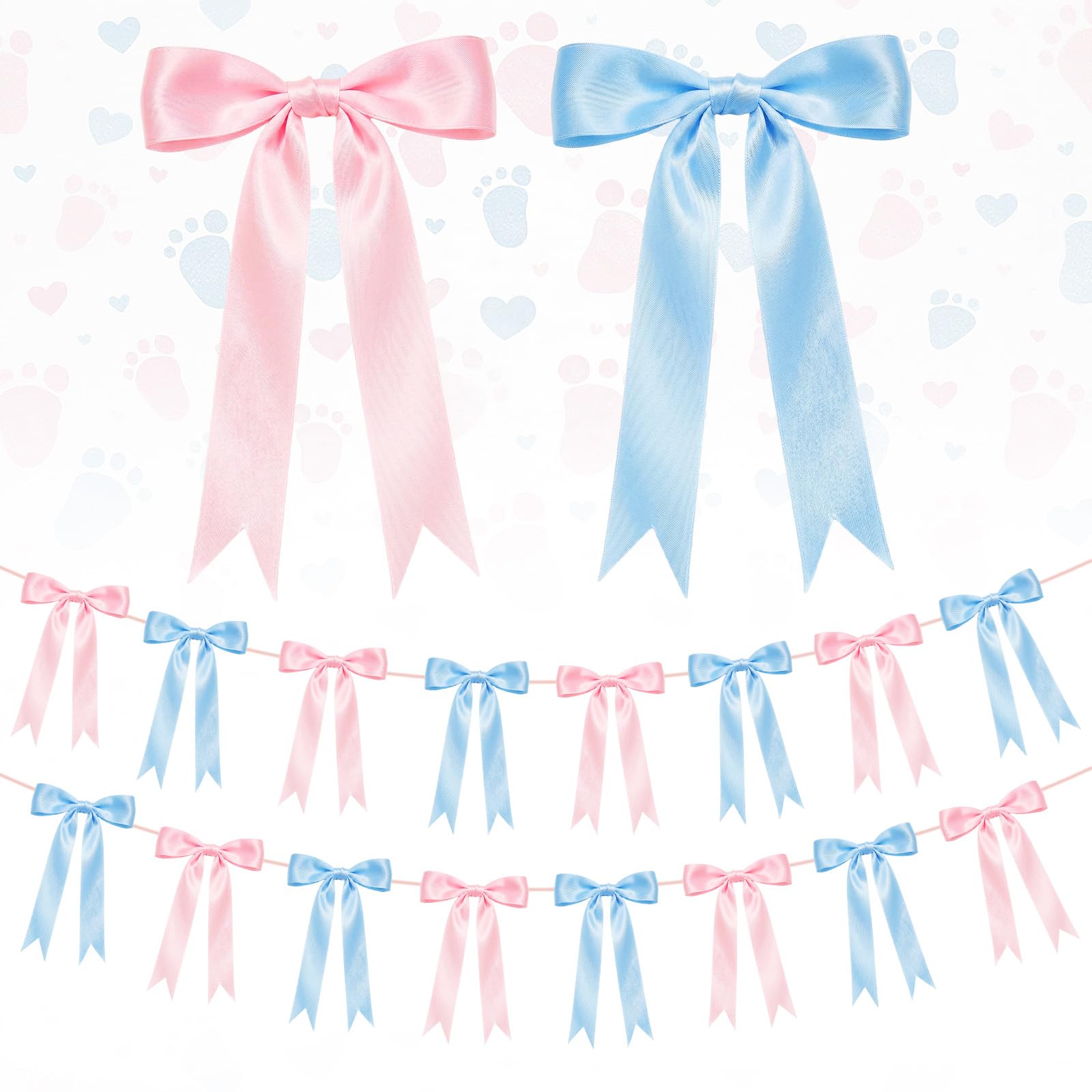 2 Strings Baby Pink & Blue Bow Garland Banner Decorations, 16Pcs Pre-Strung Satin Ribbon with 6.7ft Chain for Pink Blue Ribbon Bow Banner Coquette Room Birthday Baby Shower Gender Reveal Party Decor — image 1