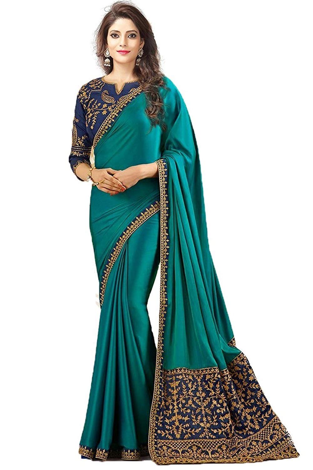 Navabi Export Women's Georgette Saree With Blouse Material (FWS1712_Aqua_ Free Size)