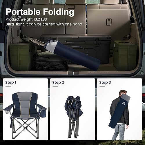 Miniatura 9 de HIGH POINT SPORTS Silla plegable portátil de gran tamaño, sillas de césped portátiles resistentes, sillas plegables para exteriores con portavasos y