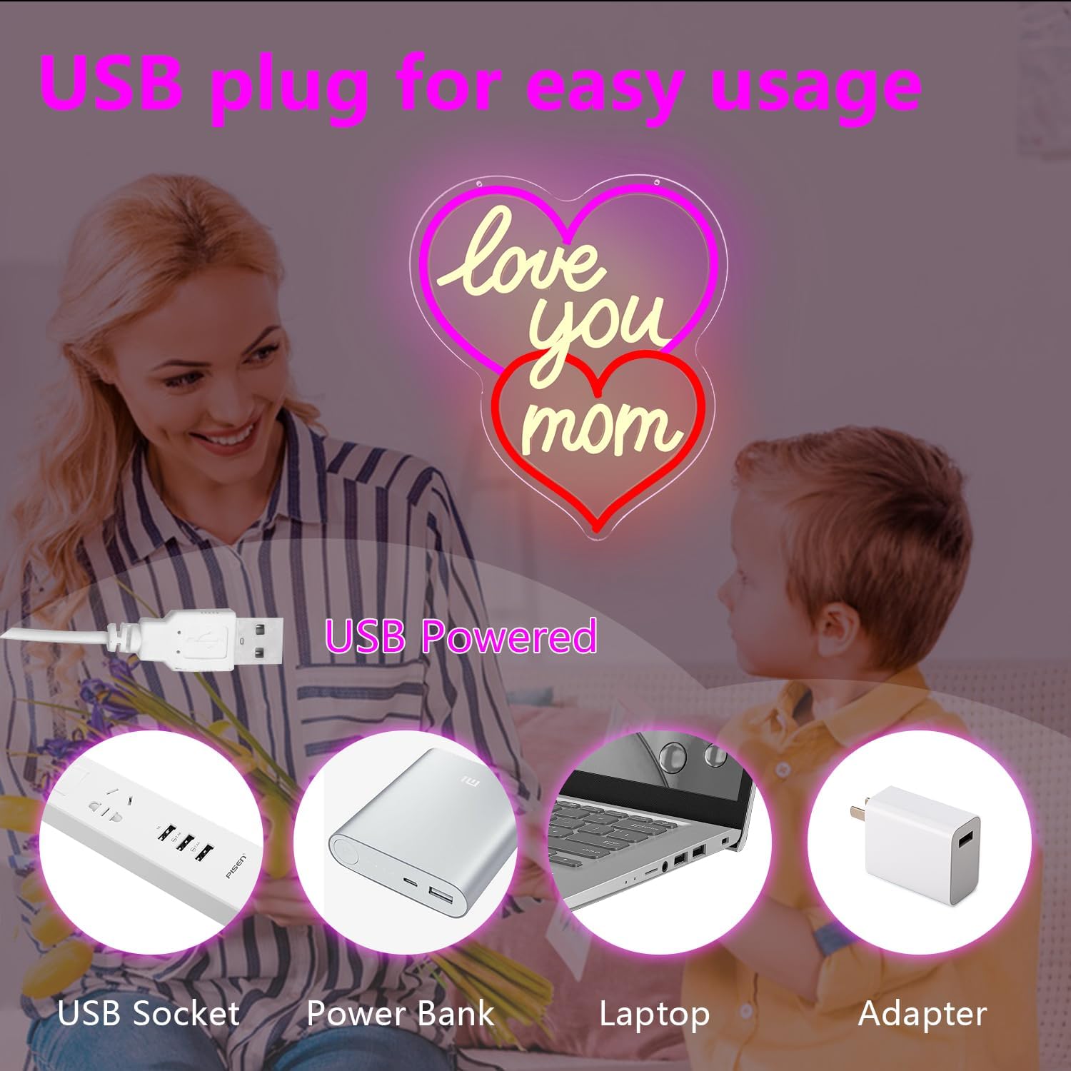 Love You Mom Neon Sign for Wall Decor Mother's Day Led Sign Heart Mother's Day Decorations Dimmable Heart Neon Light Up Sign for Bedroom Restaurant Home Party Gift for Mom image 5