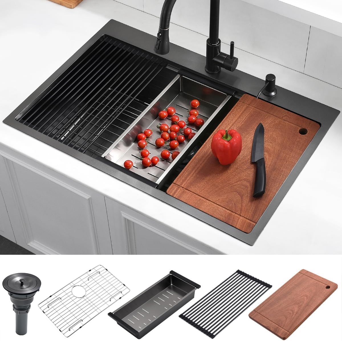 33 Drop In Black Workstation Kitchen Sink, Luckyhorse 33x22 Inches 16 Gauge Nano Black Stainless Steel Sink Topmount Workstation Single Bowl Kitchen Sink LH007SB