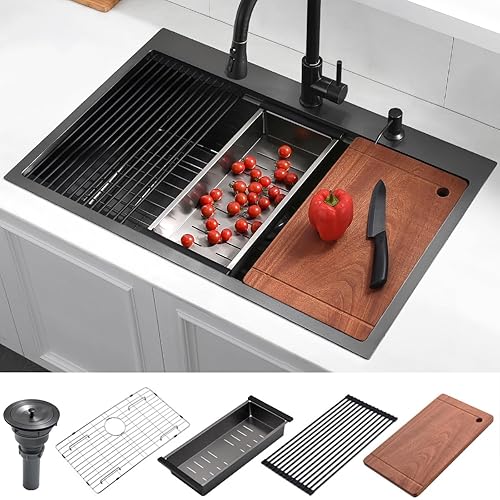 33 Drop In Black Workstation Kitchen Sink, Luckyhorse 33x22 16 Gauge Gunmetal Black Stainless Steel Drop In Workstation Kitchen Sink LH007SB