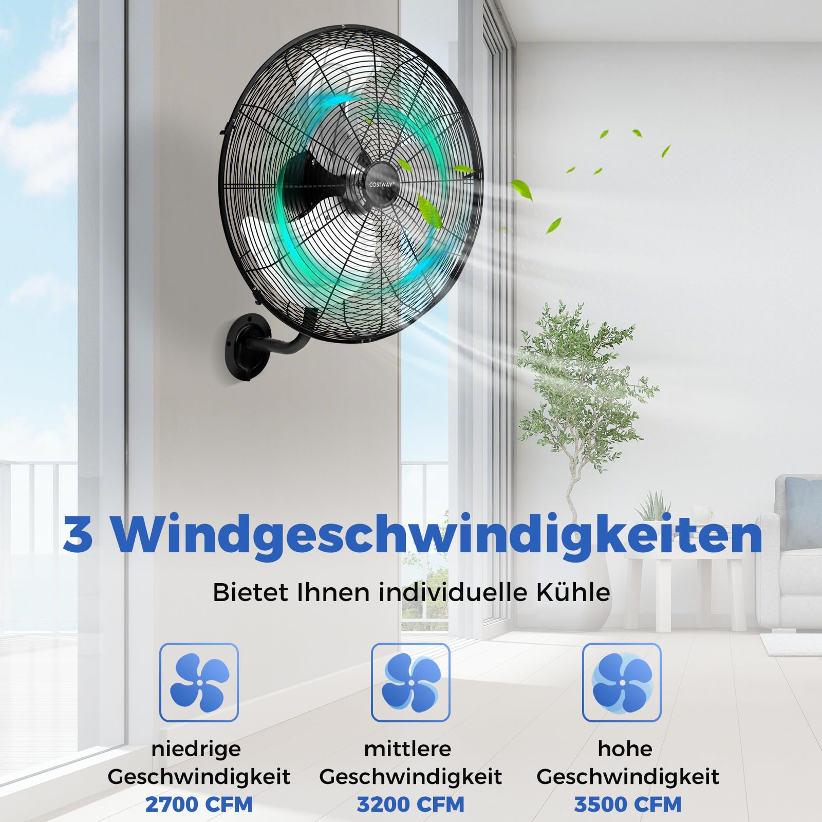 COSTWAY Industrieller Wandventilator 56cm, 85° Oszillation, 3 Geschwindigkeitsstufen, Schwarz