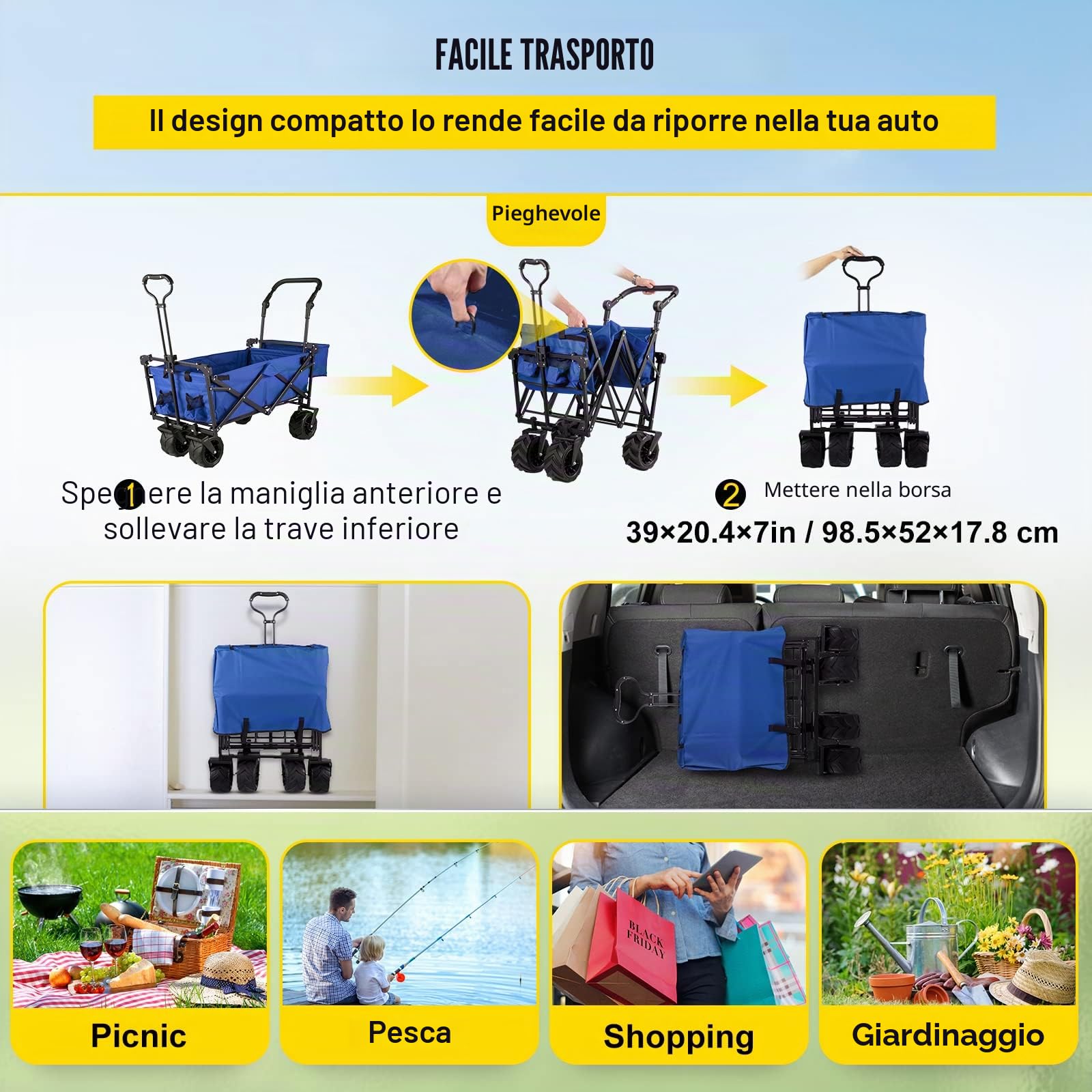 VEVOR Carrello Pieghevole Blu Impermeabile con Tetto da 98,7x54,3x98,5 cm, Carello Portatile con Baldachino Pieghevole capacità 100 kg, Rimorchio per la Spesa Adatto per Traslocchi, Campeggi e Viaggi