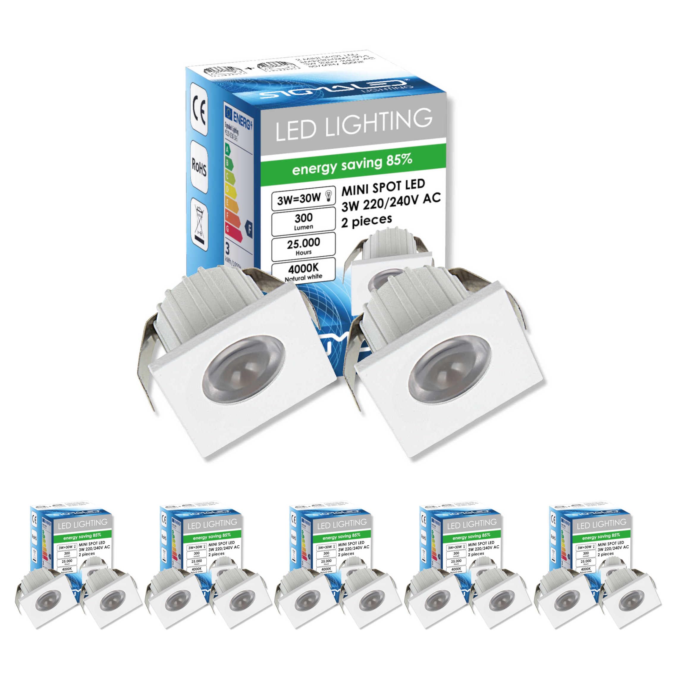 Sigmaled Lighting, 10x Mini Spot LED Encastrable 3W Dimmable, 4000K Blanc Neutre, Carré Aluminium, Ø35x25mm Trou 30mm Faisceau 30°, Éclairage Plafond Meuble Escalier, 220-240V Direct, 5 boite de 2 pcs