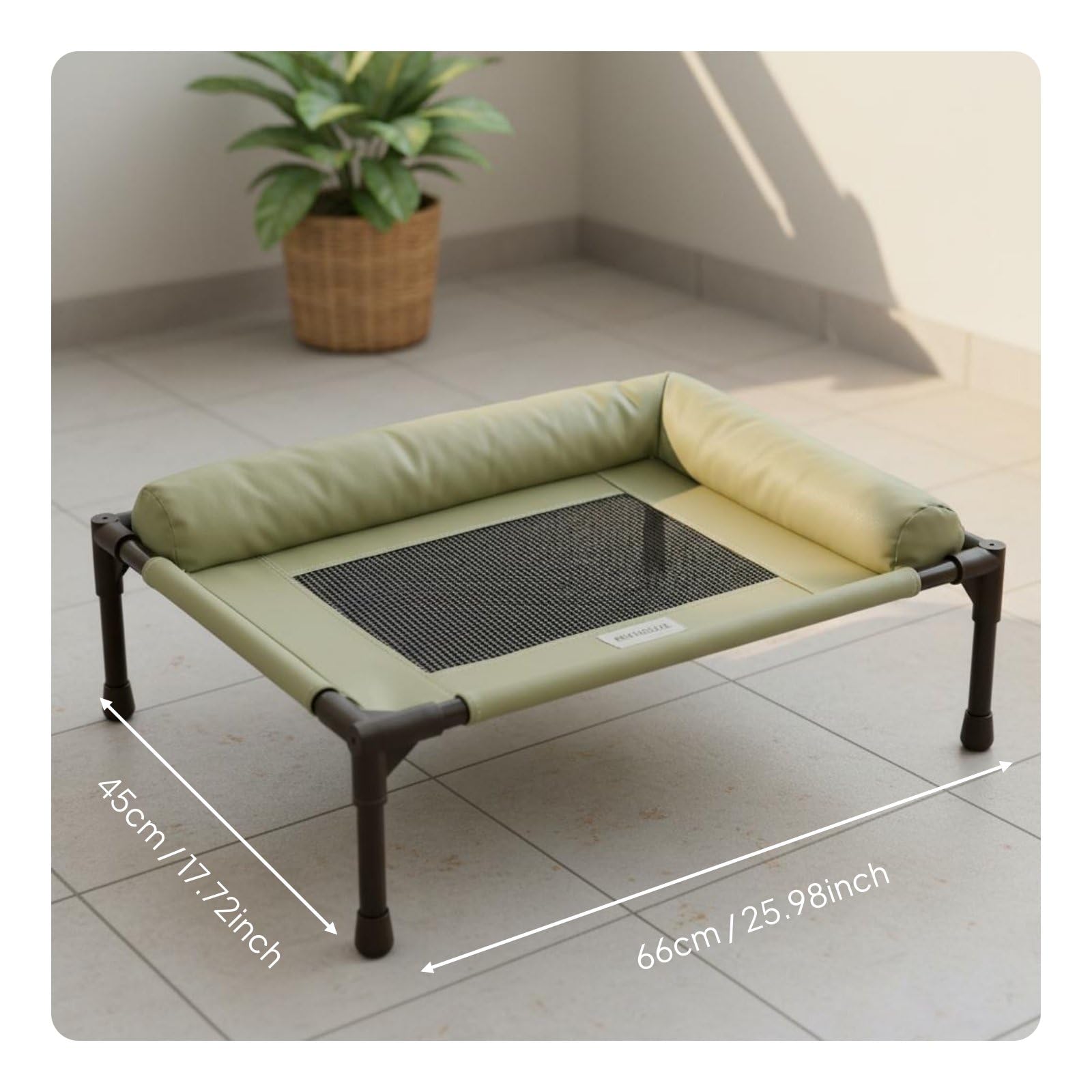 Cama Elevada para Mascotas con Soporte Elevado Red Transpirable Resistente Cojín Protector Lateral Suave y Estructura Estable Adecuada para Mascotas Medianas Uso en Casas y Balcones, Verde, M