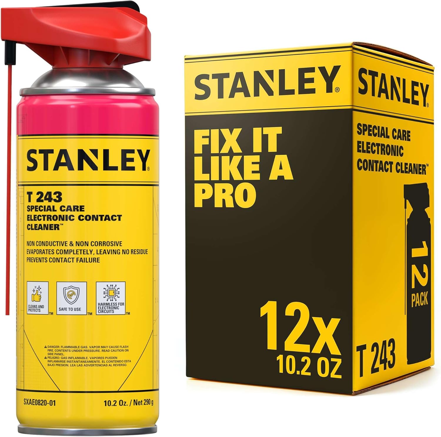 STANLEY T 243 Contact Cleaner Spray – (12x10.2 oz) Electronic Contact Cleaner for Circuit Boards, Switches, Plugs, Relays, Connectors – Non-Corrosive, Fast Drying – No Residue – 10.2 oz, 12 Pack