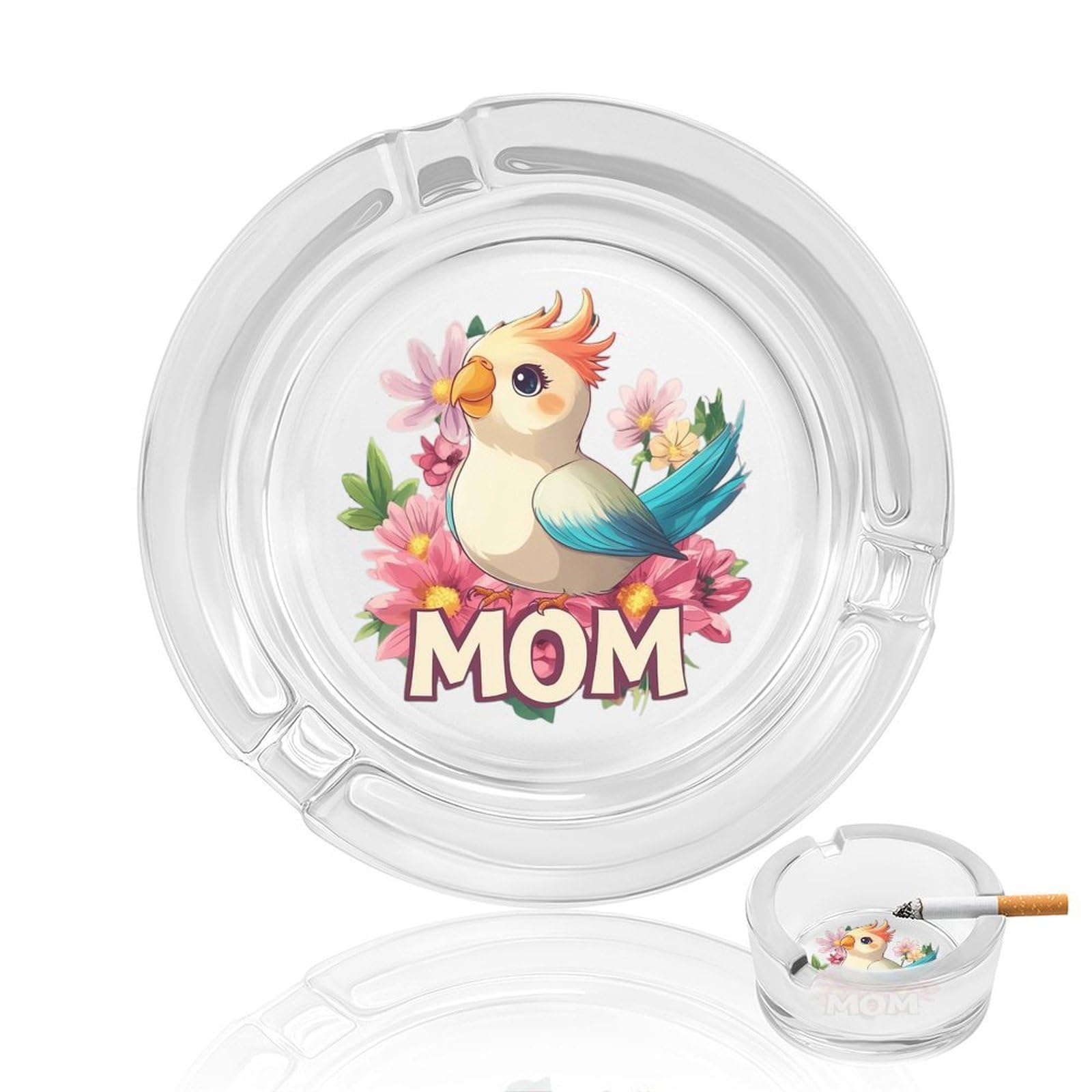 Cockatiel-Mom-Bird Parrot Ashtray Portable Round Glass Outdoor Ash Tray for Home Office Garden Pub