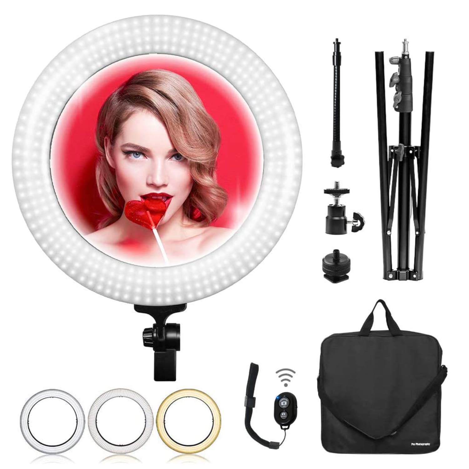 Limo Studio 18" Dual Colored LED Round Dimmable Ring Light, Continuous Lighting Kit for Beauty Facial Shoot, 71.5 inch Light Stand Tripod, for Makeup Video Photo Studio, AGG2929