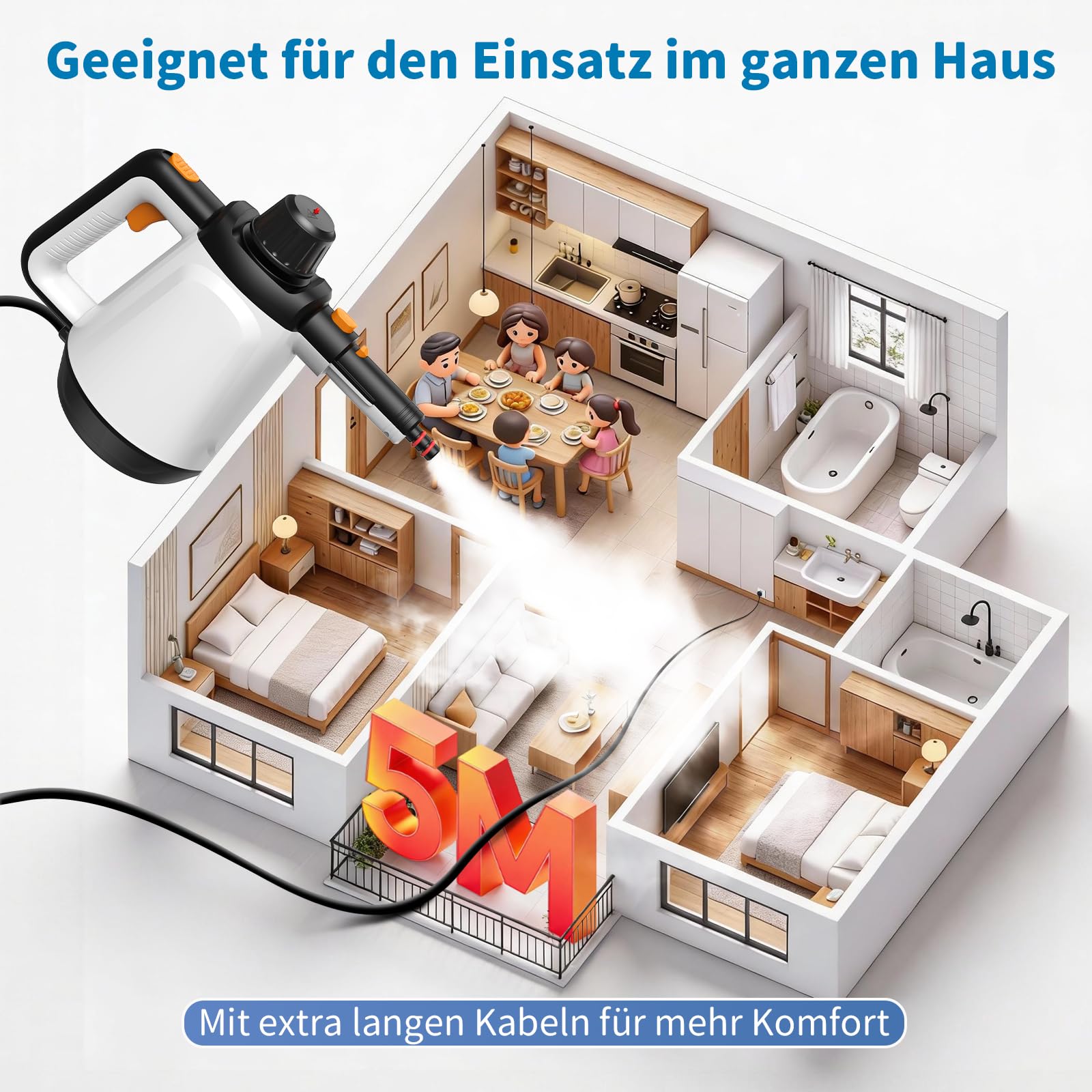 Dampfreiniger Handgerät, 110℃ Steam Cleaner zur effizienten Reinigung, vielseitiger Dampfreiniger für Alles mit 10 Aufsätzen & 5m Netzkabel, Handdampfreiniger für Sofas, Teppiche, Fugen, Fettspuren,WT