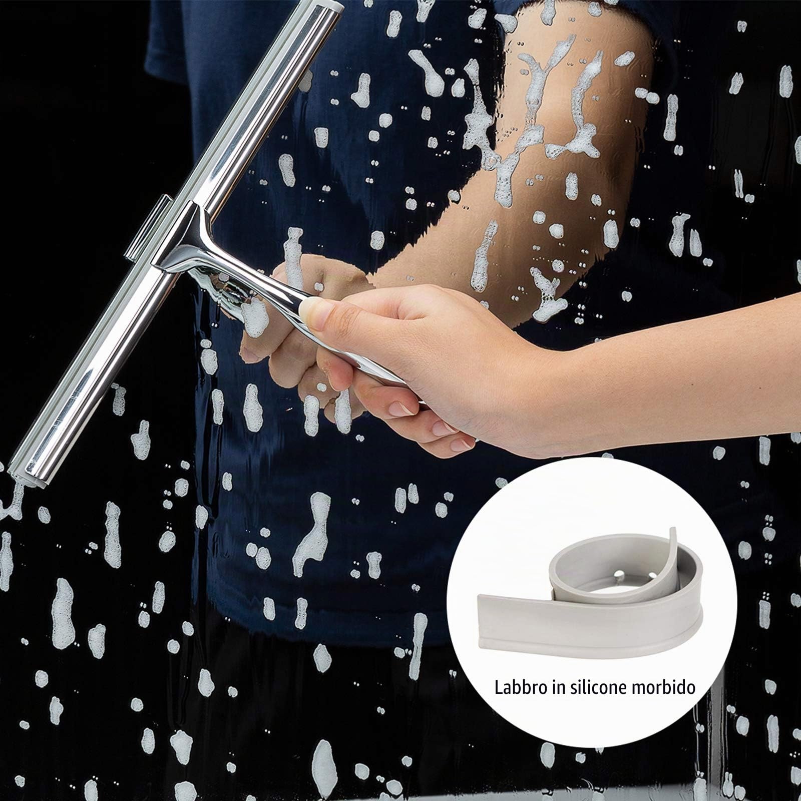 Tergivetro per Doccia, Tergivetro per Finestre, Pulisci Vetro Doccia in Acciaio Inossidabile con Forte Gancio di Aspirazione per Bagno, Cucina, Specchio, Pulizia di Finestre e Vetri, 10 Cromo