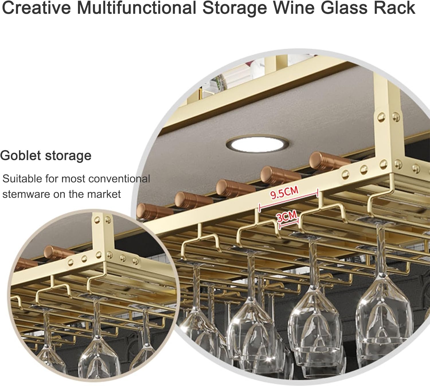 Floating Wall Mounted Wine Rack with Glass Holder and LED Light Modern Home Bar Decor for Kitchen or Dining Room Gold 60 * 30cm