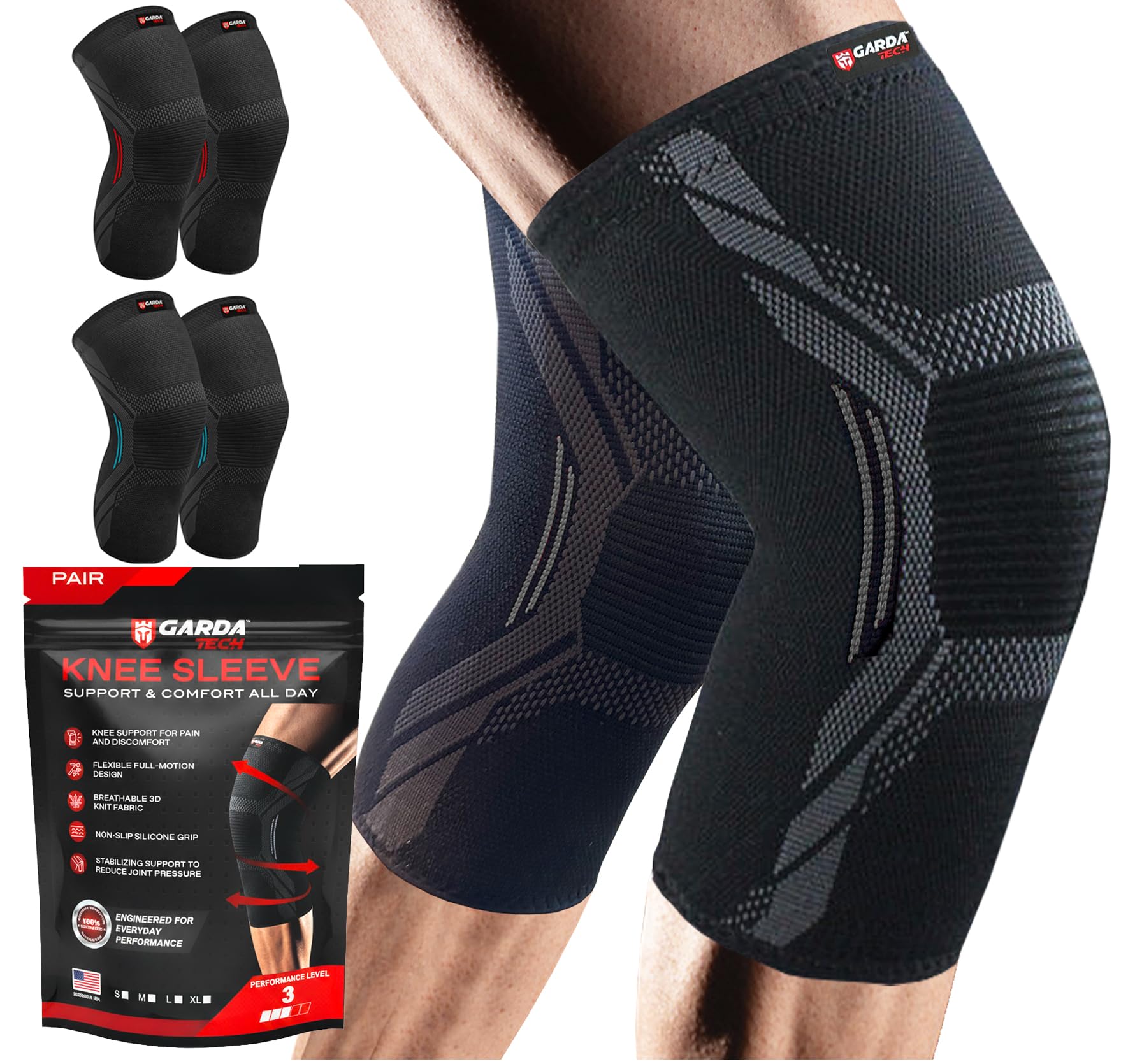 Knee Compression Sleeves 2 Pack for Women & Men, Knee Support Brace for Pain Relief, ACL, Meniscus Tear & Arthritis, Non-Slip Knee Sleeves for Running, Workout, Weightlifting, Sports & Daily Use Gray Large