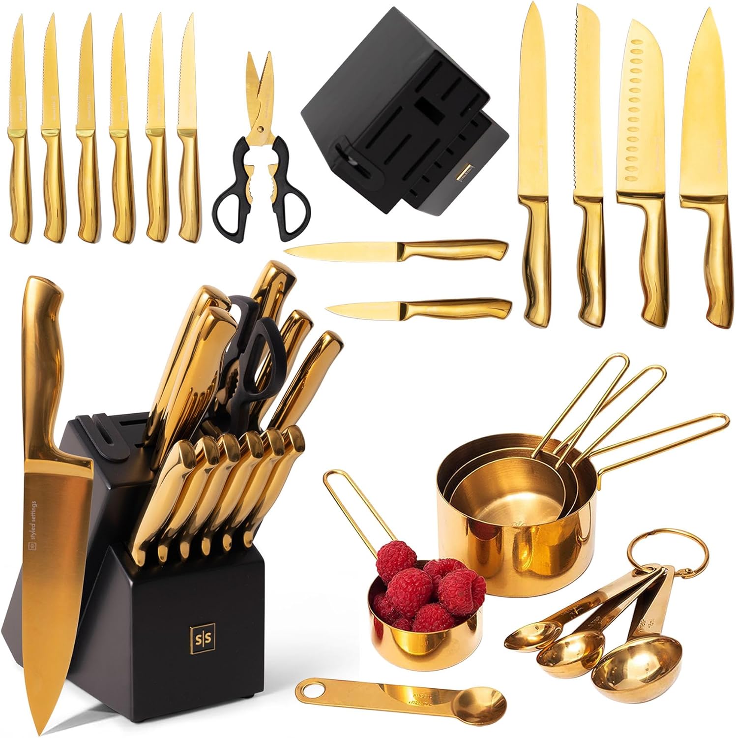 Black and Gold Knife Set with Block Self Sharpening and