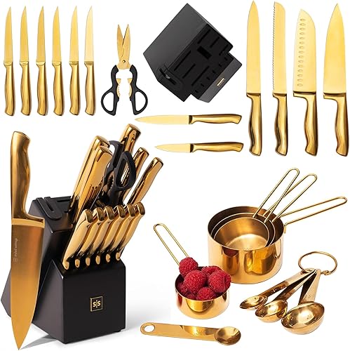 Juego de cuchillos negros y dorados con bloque autoafilables y tazas medidoras, 22 piezas, accesorios de cocina de lujo en negro y dorado