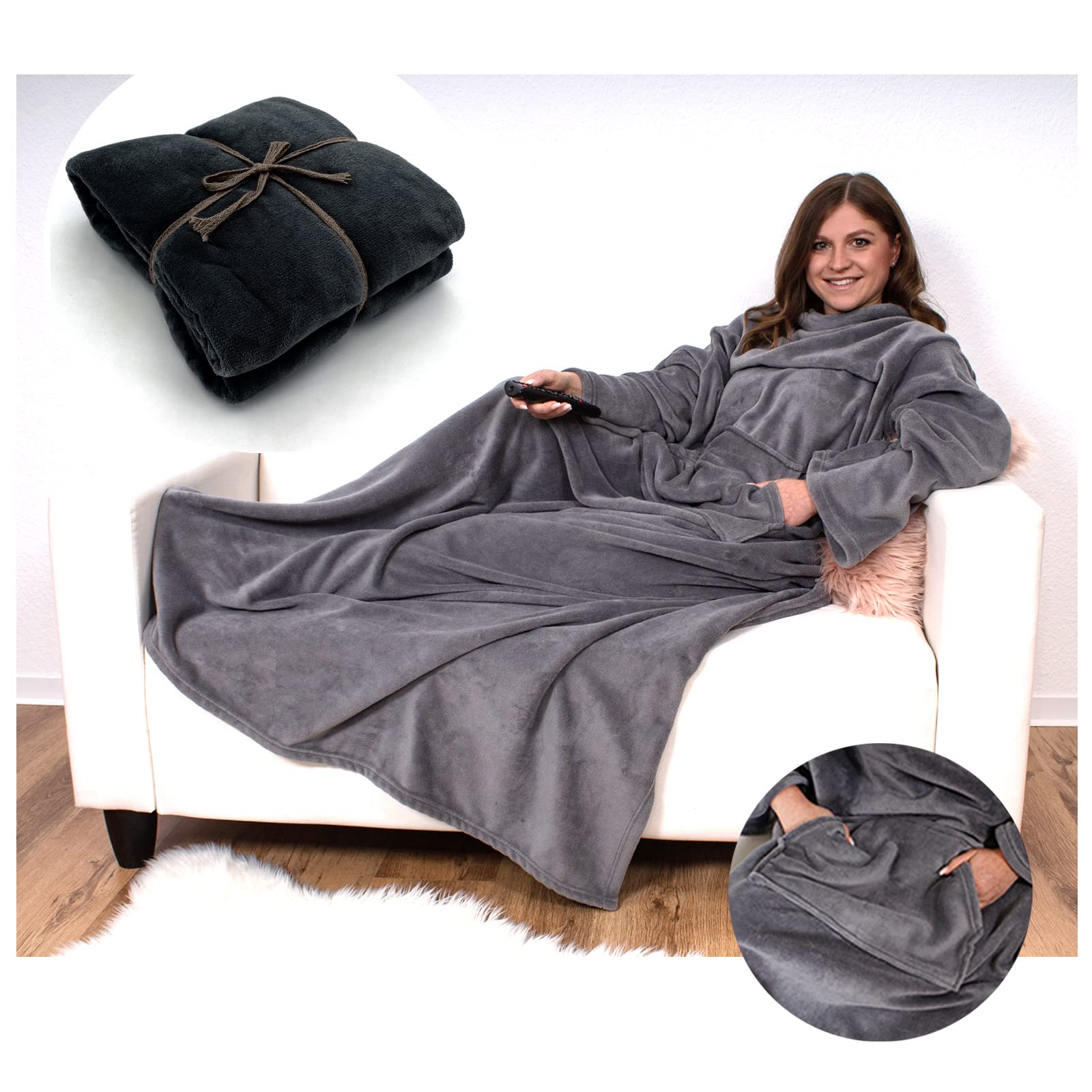 heimtexland ® Kuscheldecke Cashmere Feeling mit Ärmeln TV Decke Schwarz Typ753