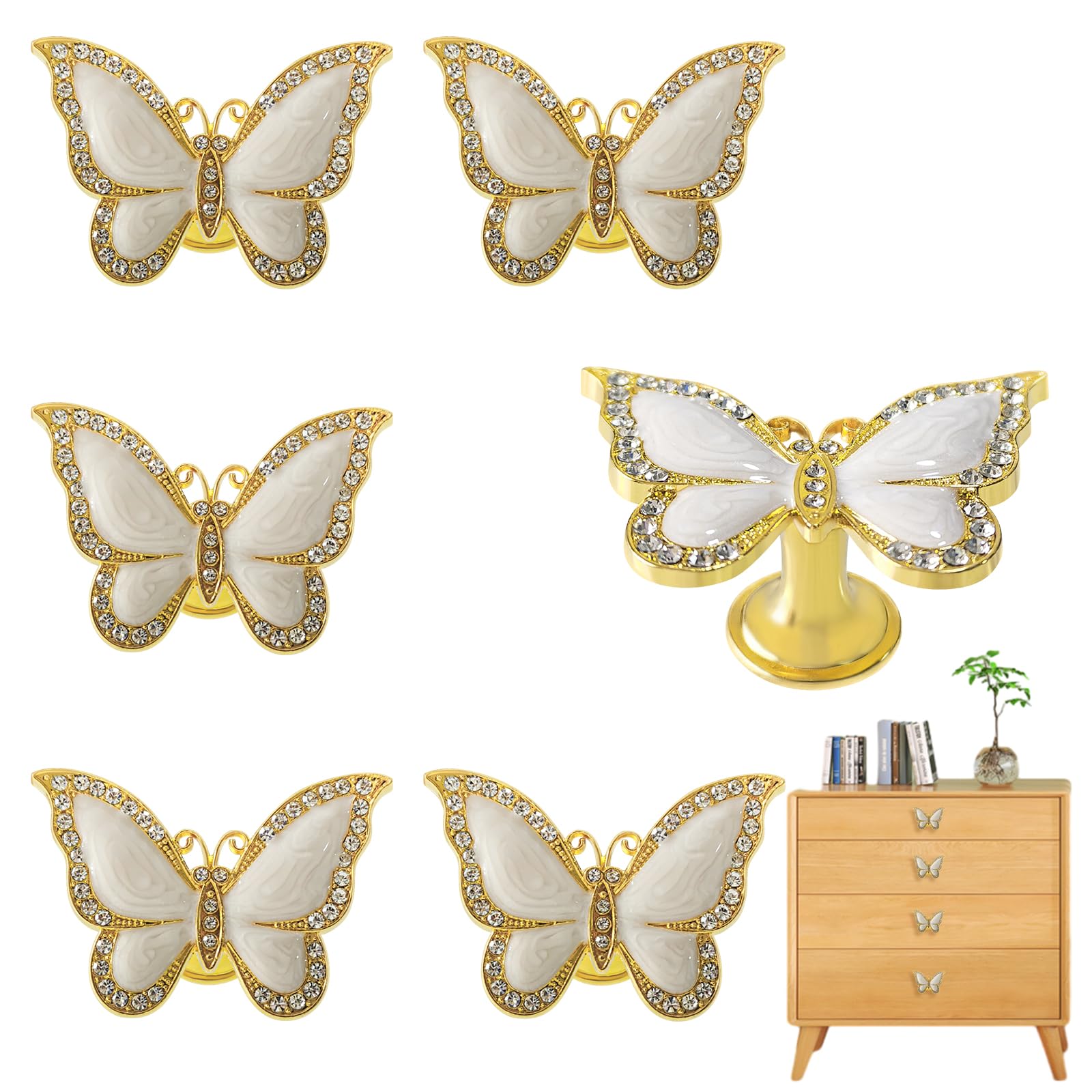 DEEKOUDTButterfly Cabinet Knobs for Dresser Drawers, 6pcs Zinc Alloy Decorative Knob for Drawers Dresser Wardrobe Cupboard Glass Door Home Hardware Vintage Pulls Handles (Gold)