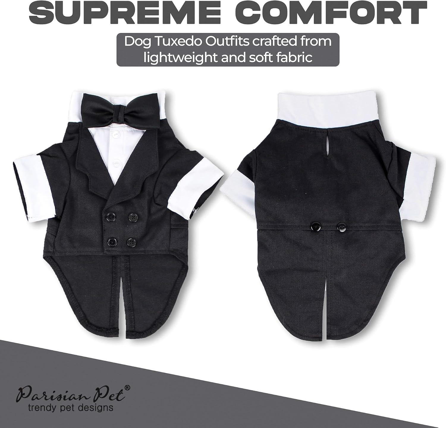 Parisian Pet Party Tux Dog Dress - Formal Satin Clothes for Large Dogs - Stylish Dog Wedding Outfit - Designer Holiday Pet Tuxedo - Lightweight Puppy Clothes - Elegant Dresses for Dogs with Bow Tie