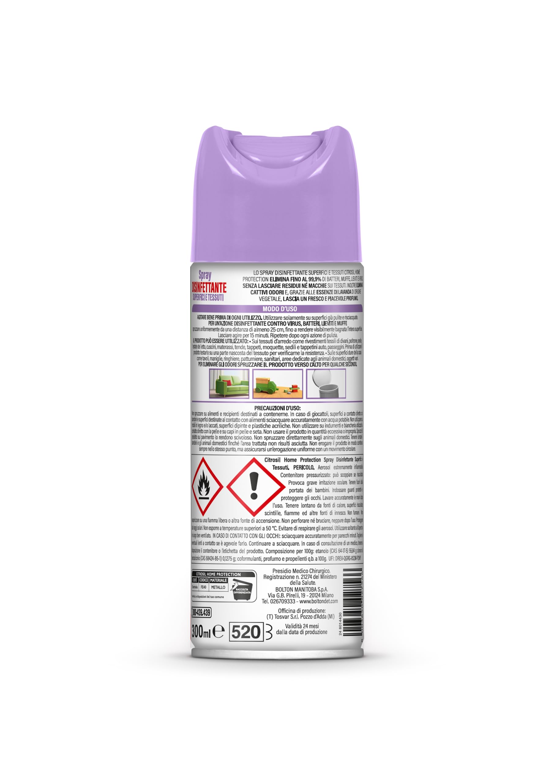 Citrosil Disinfettante Spray, Superfici e Tessuti, Elimina Fino al 99,9% di Virus e Batteri, Essenze di Lavanda, 300 ml x 3 Confezioni