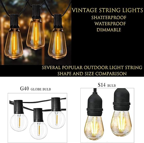 Miniatura 2 de Tira de luces para exteriores de 66 pies con bombillas de filamento LED 40+2 (repuesto), regulables, inastillables, impermeables, para decoración e