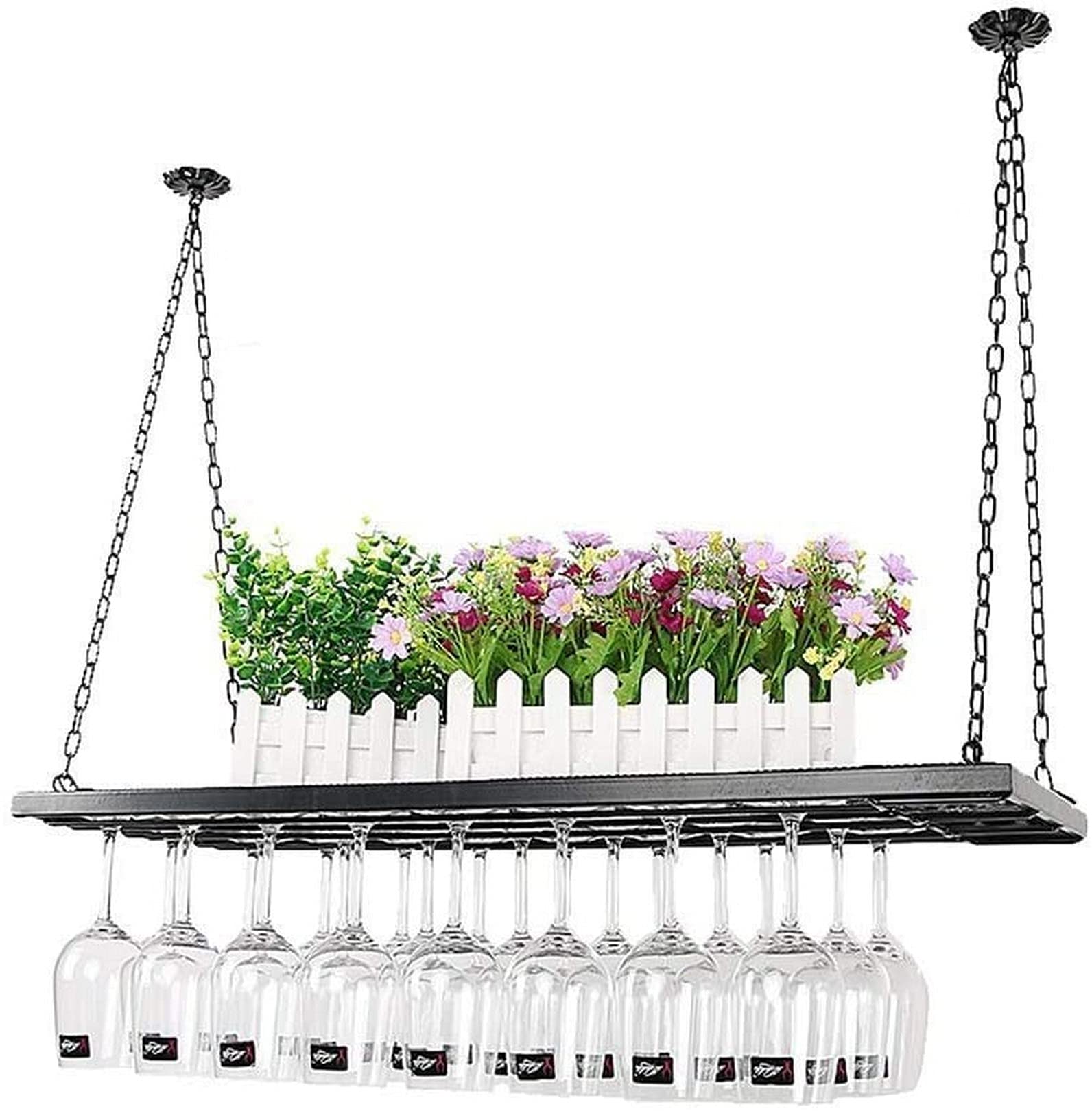 Casier à vin suspendu 60cm en fer forgé avec support de verres inversé