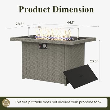Propane Fire Pit Table, 44 Outdoor Gas Fire Pit with Glass Wind Guard & Waterproof Cover