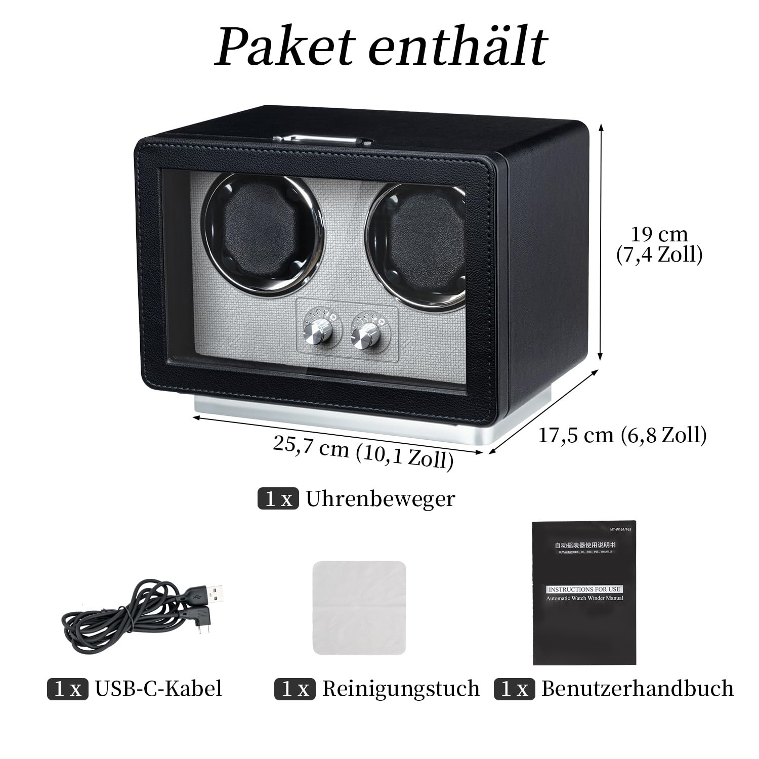 Mcbazel Uhrenbeweger für 2 Automatikuhren, Uhrenbeweger Leiser Motor mit 4 Rotationsmodi, Duale Stromversorgung (USB-C & Batterie), LED-Beleuchtung & Auto-Stopp Funktion
