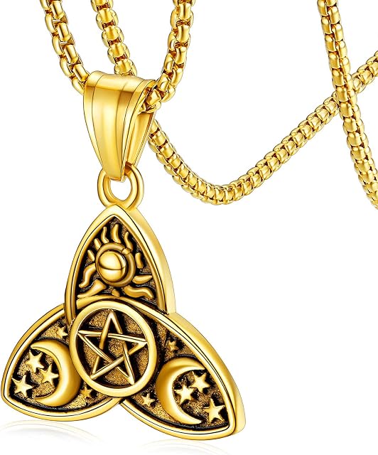 FaithHeart Celtic Moon Necklace Irish Jewellery Vintage Triple Moon/Tree of Life Pendant Stainless Steel/Gold/Black Plated, Pagan Gifts for Women Men
