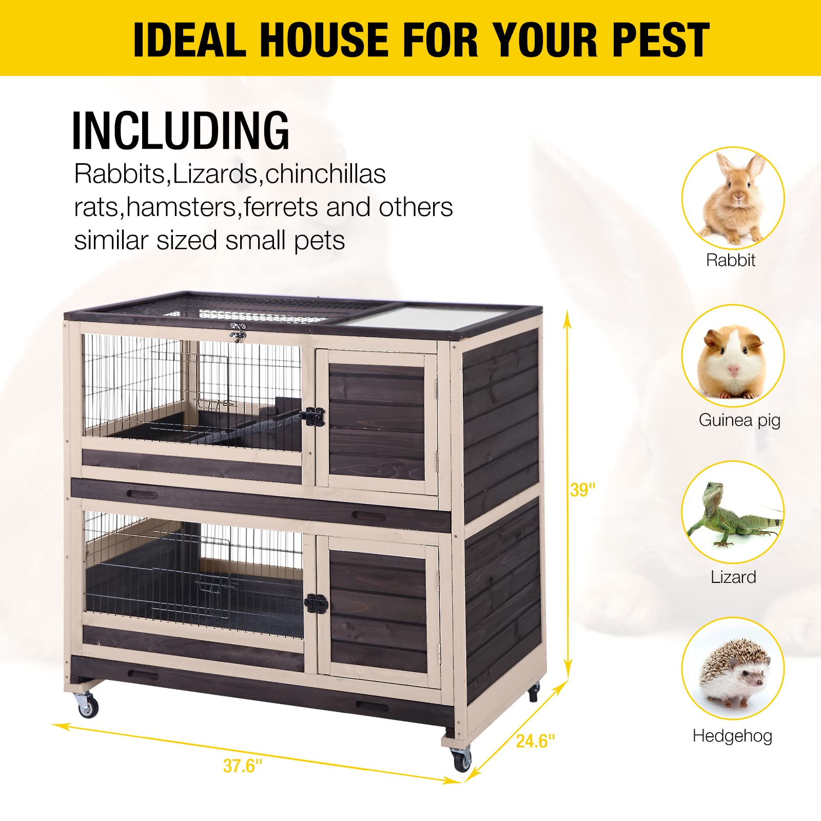 Aivituvin Rabbit Hutch Indoor and Outdoor Bunny Cage on Wheels Guinea