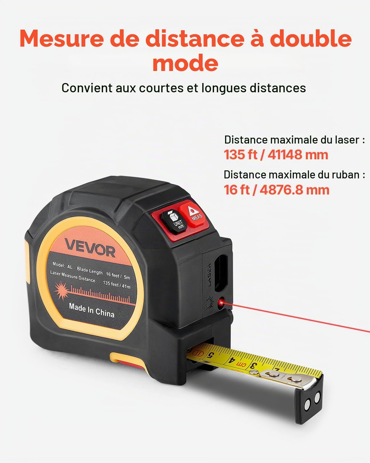 VEVOR Mètre Ruban Laser 2 en 1 Ruban de Mesure Laser Rechargeable 135 pi 41 m Outil de Mesure Magnétique 16 pi 4,9 m, 4 Modes, Longueur, Surface, Volume, Continu, Unités pi/po/m/pi+po, pour Extérieur