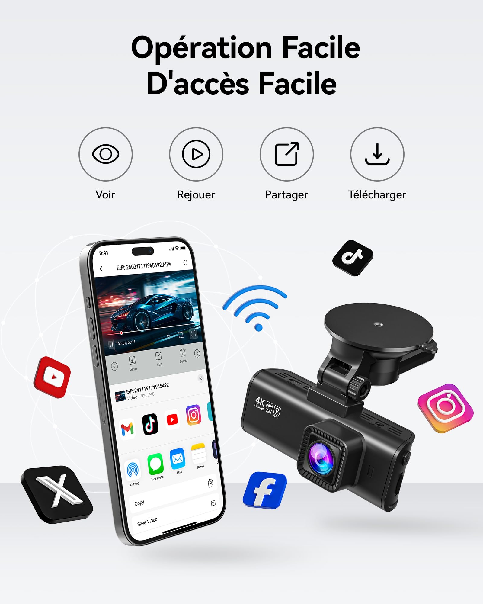 REDTIGER 4K Dashcam Voiture,STARVIS 2,Écran IPS 3,18 Pouces,Carte 128 Go Incluse, WiFi 5,8 GHz,GPS,Vision Nocturne,Grand Angle 170° WDR,Moniteur de Stationnement,Prend en Charge Jusqu'à 256 Go (F7NP)