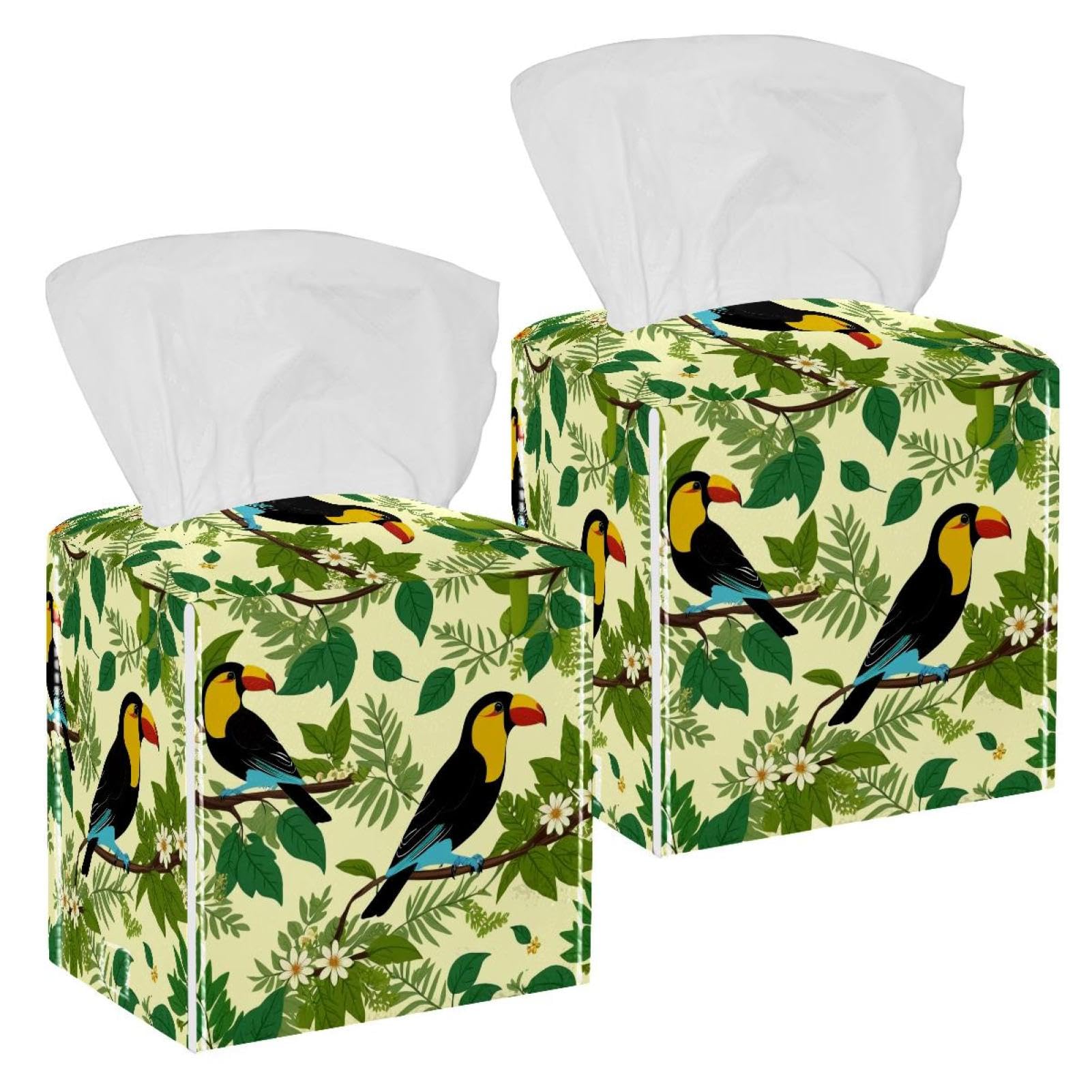 Artistic Leaves Tissue Box Cover, 2 Pack PU Leather Square Facial Tissue Dispenser Box holder for Home Office Car