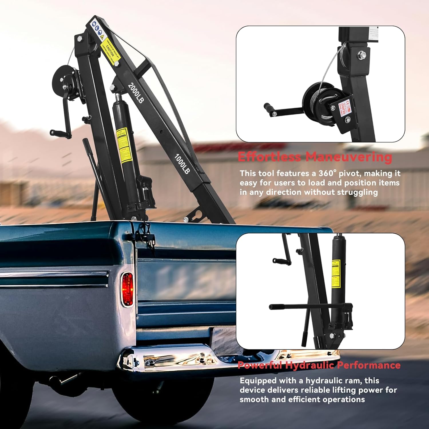 2000 lbs Folding Truck Crane with Hydraulic Winch, Heavy Duty Pickup Truck Bed Engine Hoist Jib Crane Truck Mounted Crane for Lifting Goods in Construction, Forestry, Factory, Black