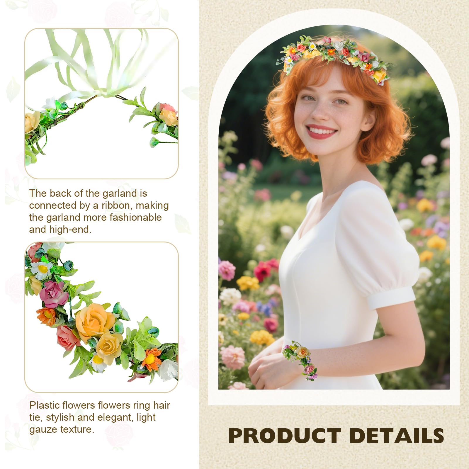 SAIIURV Rose Flower Crown Headband with Floral Wrist Wedding Bridal Headpiece Flower Headbands for Women,Hair Accessories for Wedding Festival Hawaiian Party Beach (2 Pcs - Image 3
