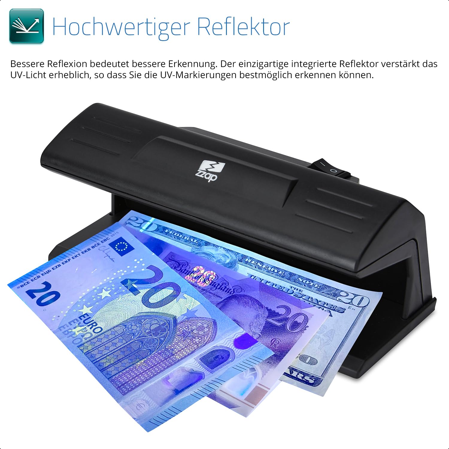 The ZZap D20 – Falschgeld Prüfer – UV-Erkennung mit einer 9-Watt-Long-Life-Glühbirne, ideal zum Überprüfen von Währung, offiziellen Artikeln und mehr