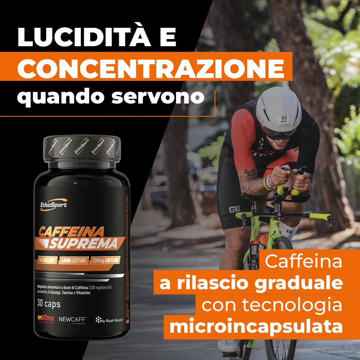 ETHICSPORT Caffeina Suprema 200 mg di Caffeina a rilascio modulato con NEWCAFF, EnXtra, Teanina e Taurina – utile per lucidità mentale e concentrazione – 30 capsule vegetali
