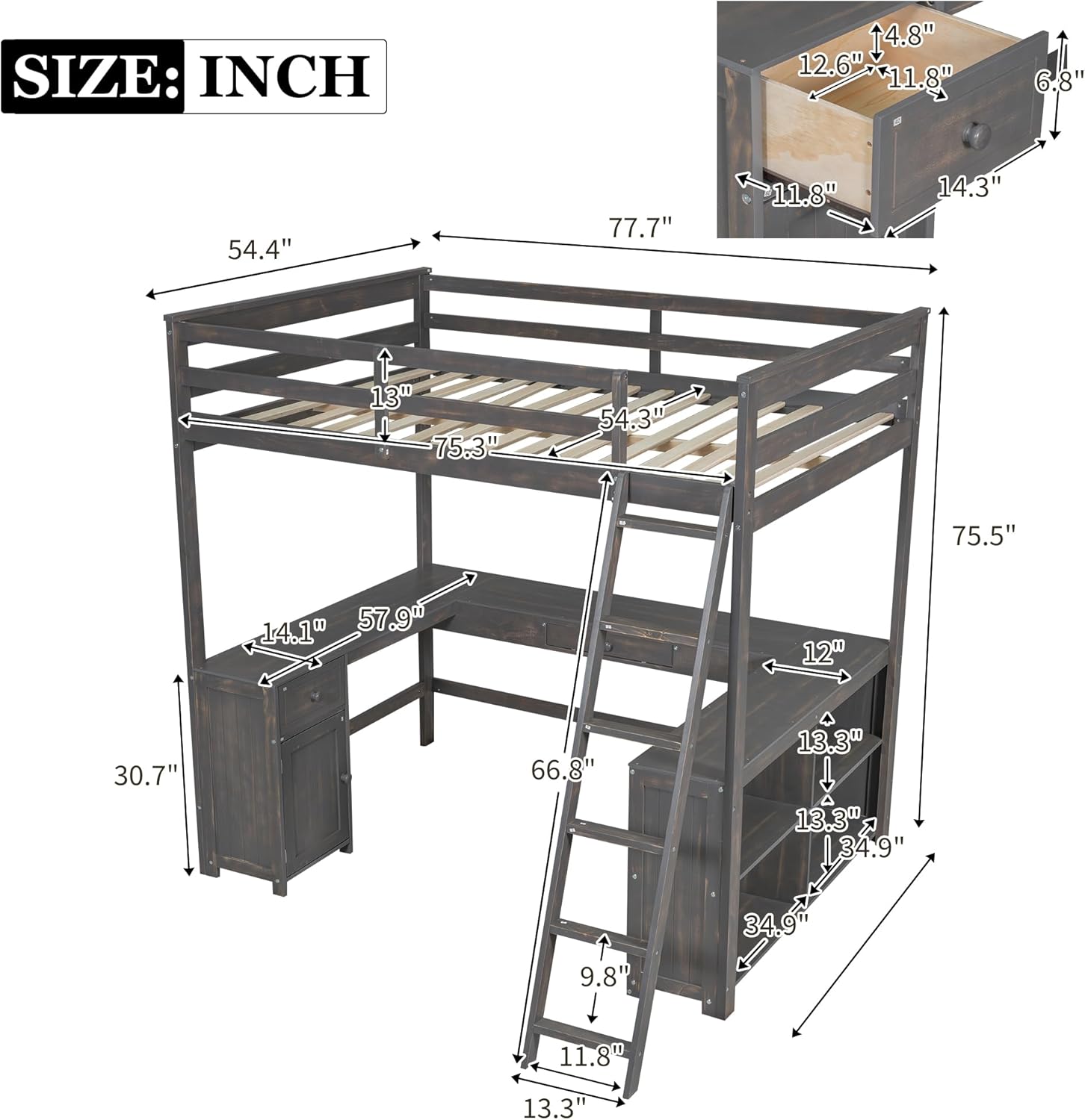 Merax Full Size Loft Bed, Wood Full Loft Bed Frame with U-Shaped Desk, Cabinet, Drawers and Storage Shelves, Antique Brown