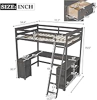 Vista 2 de Cama tipo loft de tamaño matrimonial con escritorio en forma de U, 1 armario y 2 cajones, 4 estantes de almacenamiento, marco de cama de madera