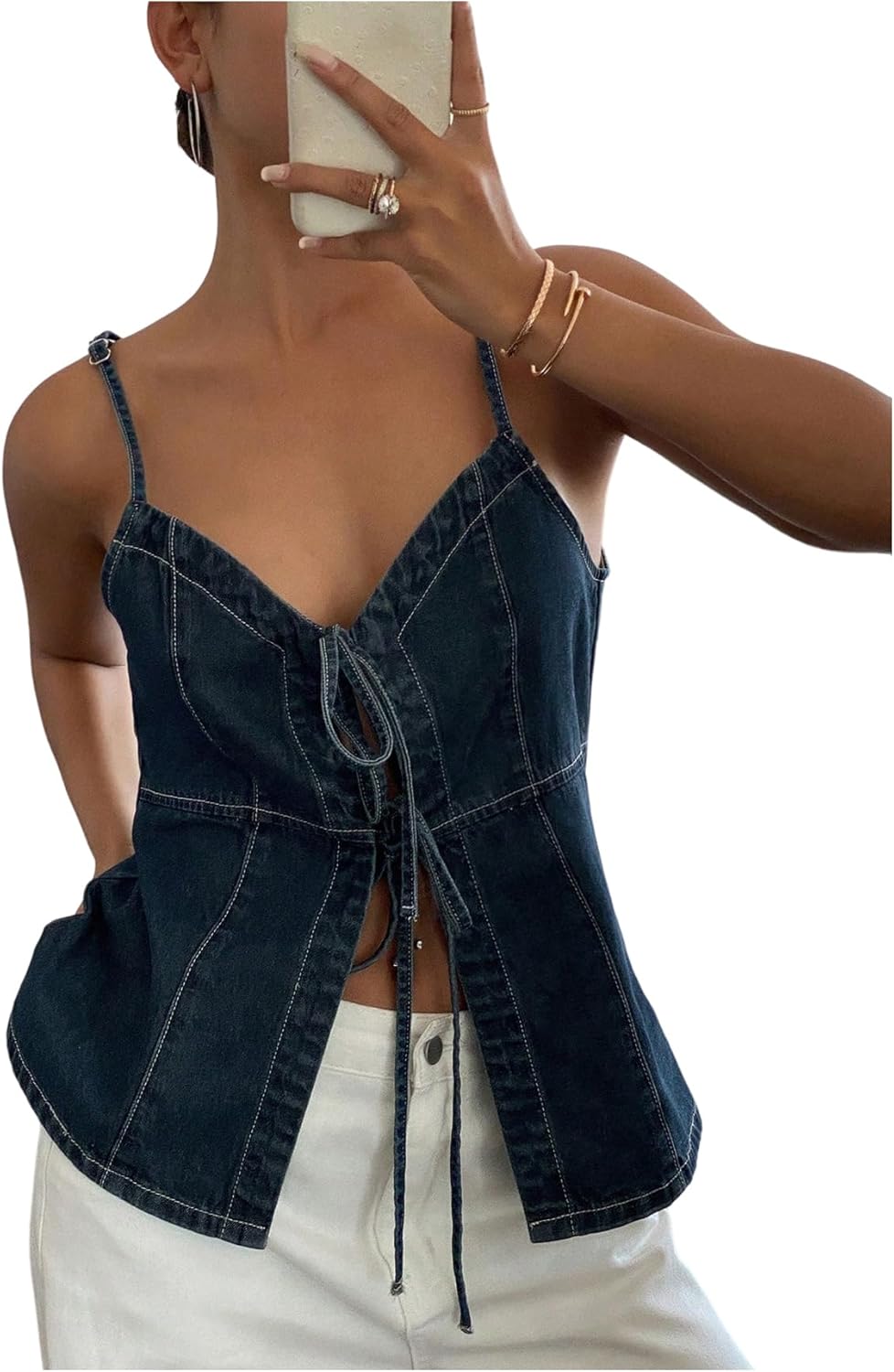 GORGLITTER Women's Denim Bow Tie Front Tops Sleeveless Strappy Backless Y2k Cute Summer Rave Peplum Tops Dressy Trendy