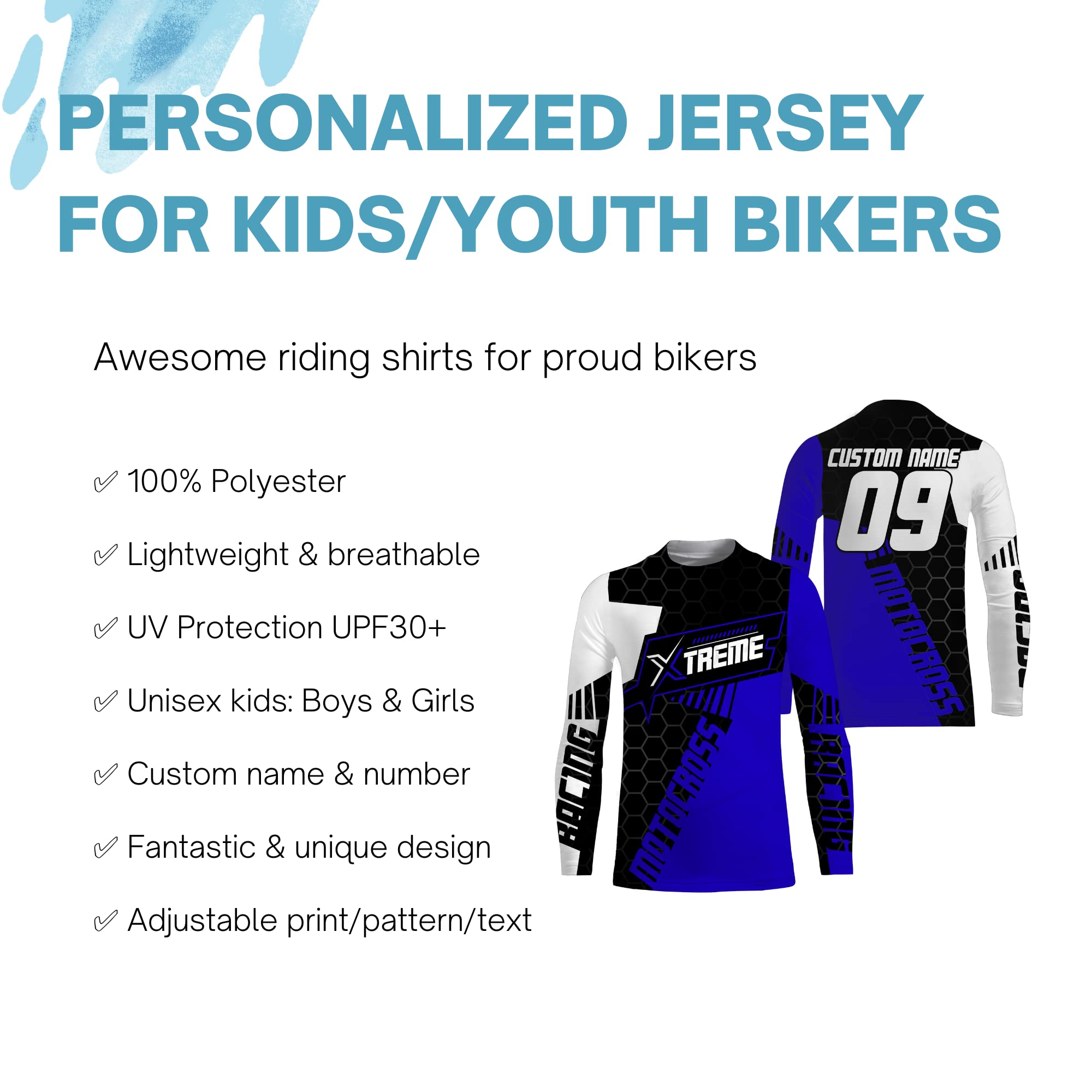 PIONAMZIOZ Kids Extreme Motocross Jersey Personalized UPF30+ Boys Girls Dirt Bike Racing Long Sleeves Blue