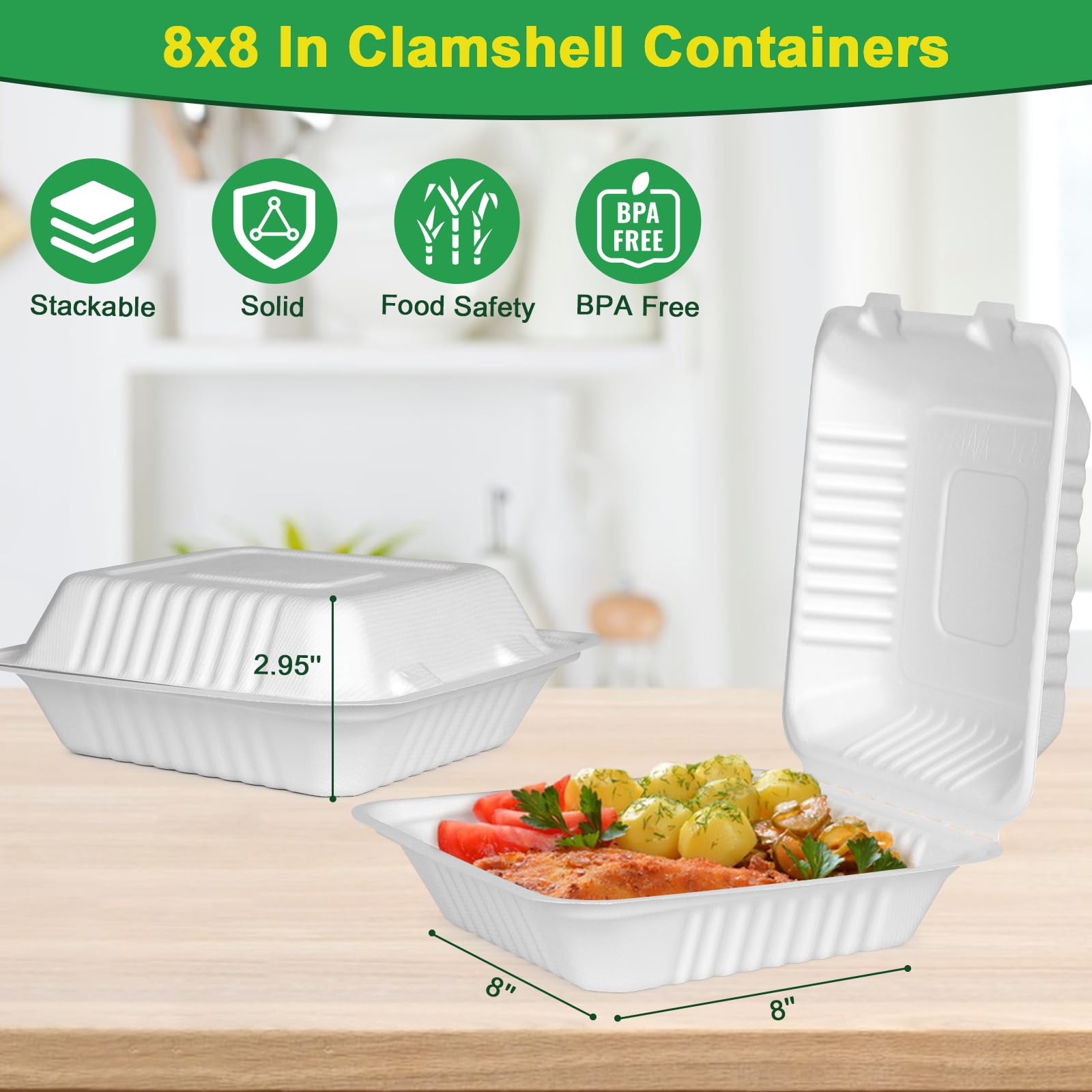 To Go Contenedores de alimentos desechables, contenedores compostables de 8 x 8 pulgadas, cajas para llevar para alimentos, paquete de 100 recipientes biodegradables para llevar caña de azúcar