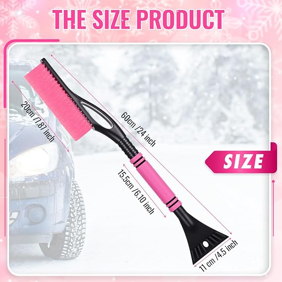 Lasnten 24'' Snow Brush and Ice Scraper for Car Windshield, 2 in 1 Detachable Snow Scraper with Soft Grip Handle and Additional Handhold, Multi-Functional Removal Tool for Car, Truck, SUV, Pink