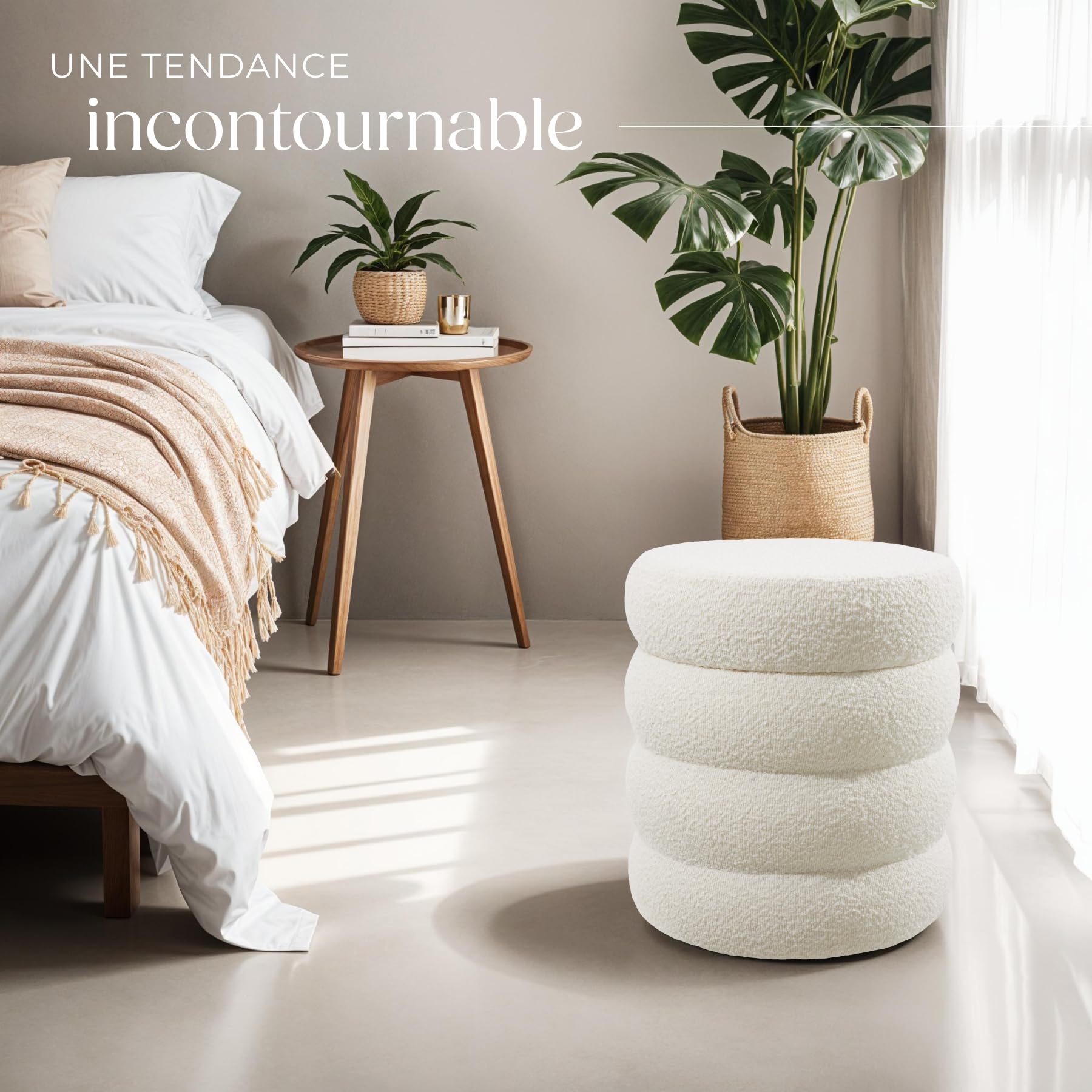 tectake® Tabouret Repose Pied Pouf avec Rangement Pouf Salon en Tissu Bouclette Crème Ø42x47cm jusqu'à 120 kg Design scandinave Cosy pour Coiffeuse, Salon, Chambre, Bureau, entrée