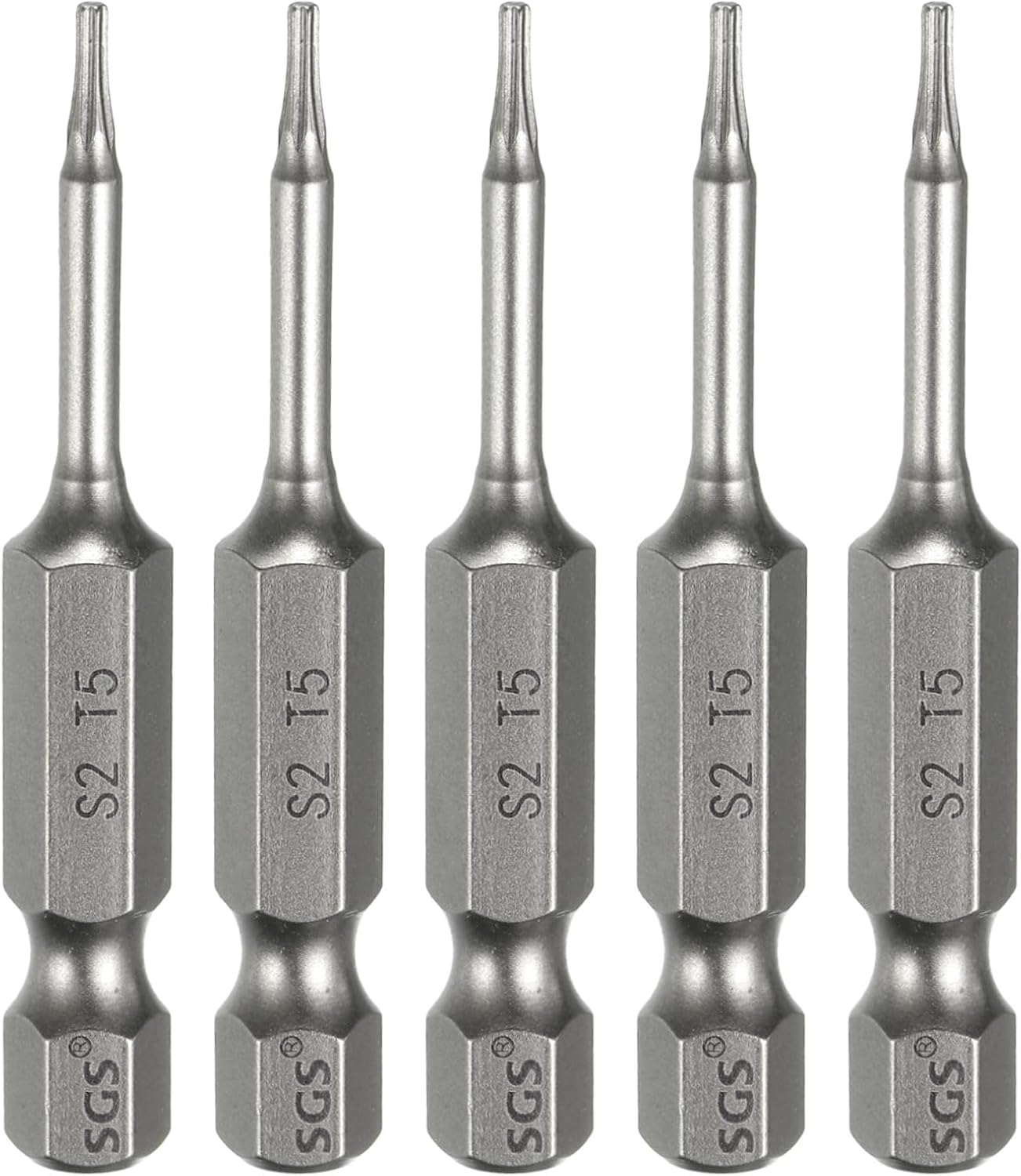 HARFINGTON 5pcs T5 Torx Head Screwdriver Bit 1/4" Hex Shank 2" (50mm) Long Magnetic No Hole Tip Tamper Proof 6 Point Star Screw Driver Drill Bits S2 Steel Industrial Power Screwdrivers