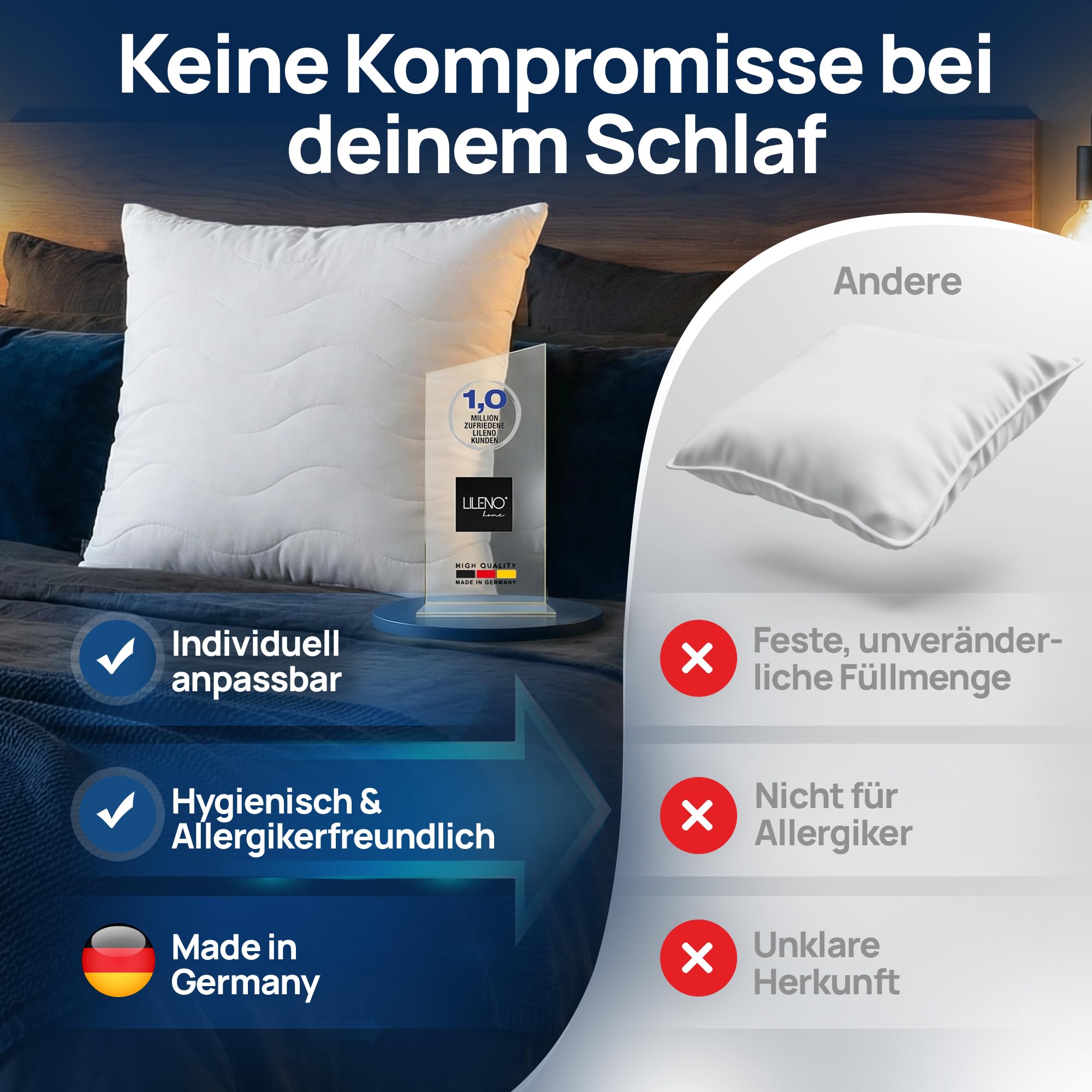 LILENO HOME Allergiker Kopfkissen 80x80 2er Set – 95°C waschbar, Oeko-Tex Made in DE – anpassbar Kissen 80x80