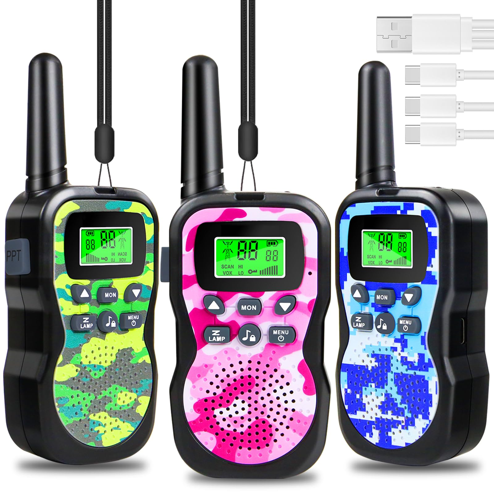 Nestling Walkie Talkies for Children Rechargeable 3-Pack, Long Range 3km with Torches, VOX LED Display, Outdoor Game Toys